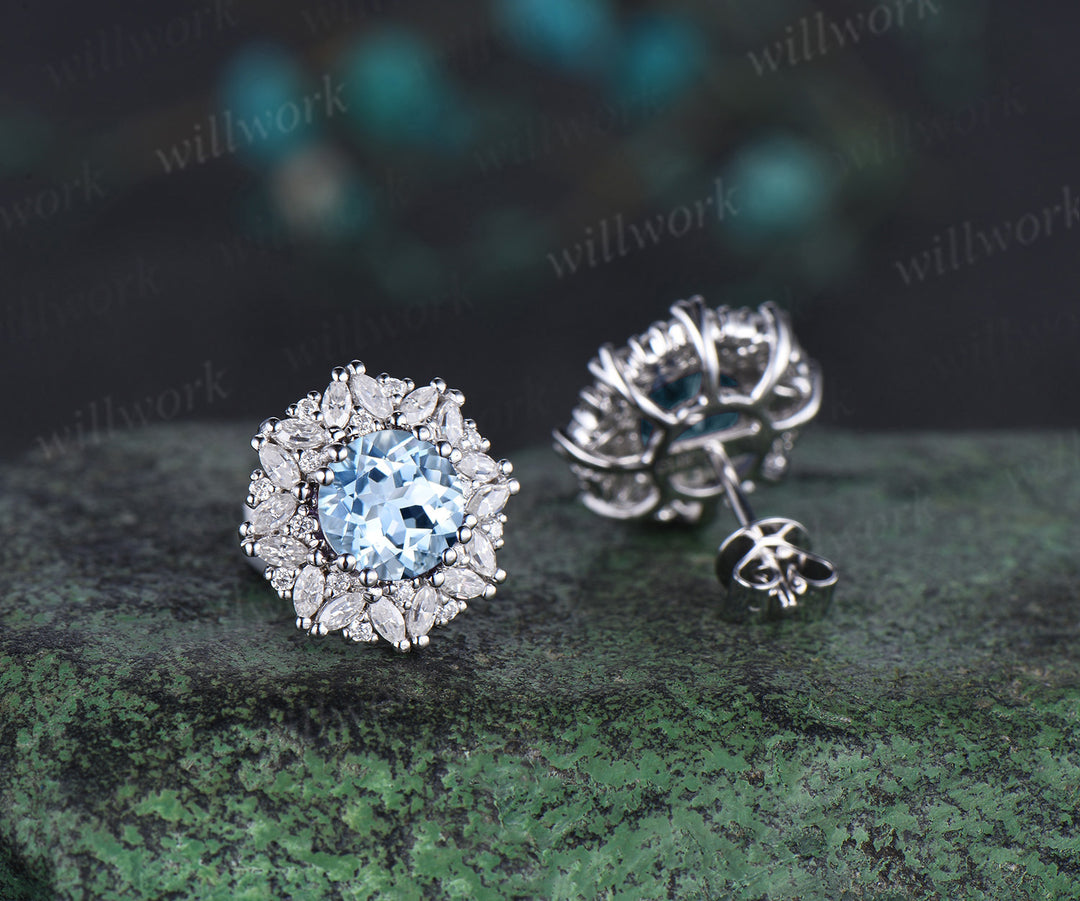 Vintage round cut aquamarine Earrings women solid 14k white gold 8 prong double halo marquise moissanite Stud Earrings Anniversary Gift