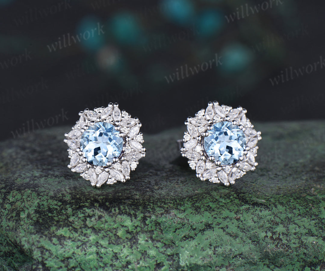 Vintage round cut aquamarine Earrings women solid 14k white gold 8 prong double halo marquise moissanite Stud Earrings Anniversary Gift