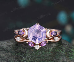 Hexagon lavender amethyst engagement ring set 14k rose gold five stones moon ring curved amethyst moissanites wedding band 2pcs bridal set