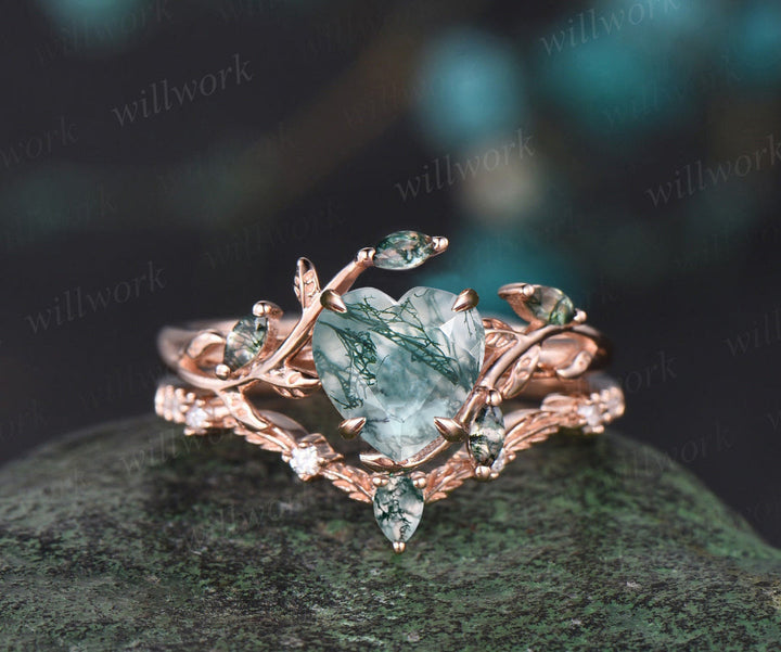 Vintage oval cut green moss agate engagement ring rose gold art deco cluster leaf nature inspired bridal promise wedding ring set women
