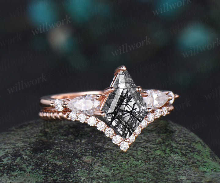 Kite cut black rutilated quartz engagement ring rose gold 6 prong five stone pear diamond ring vintage promise bridal ring set women