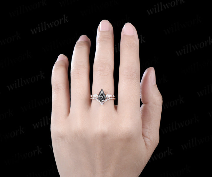 Kite cut black rutilated quartz engagement ring rose gold 6 prong five stone pear diamond ring vintage promise bridal ring set women