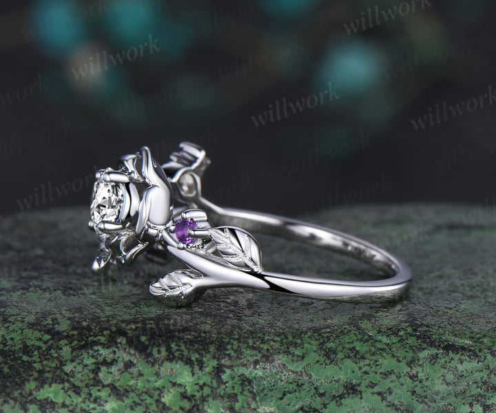 Vintage round cut Lab grown diamond engagement ring floral leaf bee amethyst wedding anniversary ring women