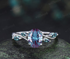 Oval Fireworks cut alexandrite engagement ring marquise infinity wedding ring unique five stone bridal ring