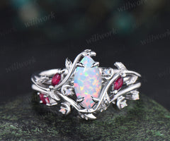 Marquise opal ring white gold leaf moon nature inspired engagement ring set vintage ruby ring women