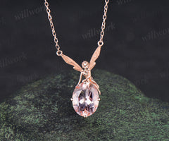 Elf 2ct Oval morganite  Pendant Winged Fairy Angel Gemstone Drop Necklace 14k Rose Gold Chain Gift Women