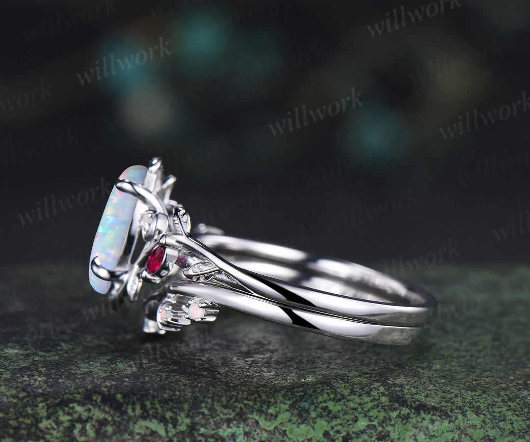 Marquise opal ring white gold leaf moon nature inspired engagement ring set vintage ruby ring women