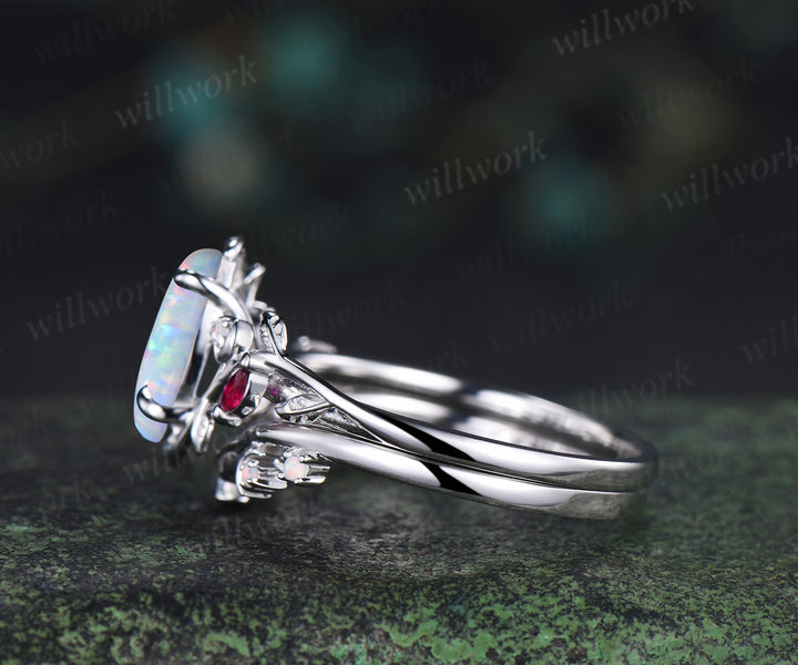 Marquise opal ring white gold leaf moon nature inspired engagement ring set vintage ruby ring women