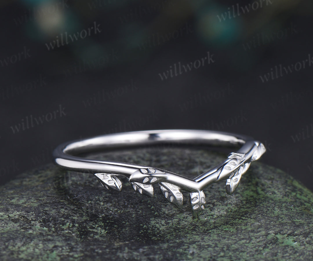Curved leaf wedding band nature inspired matching stacking ring gifts for women
