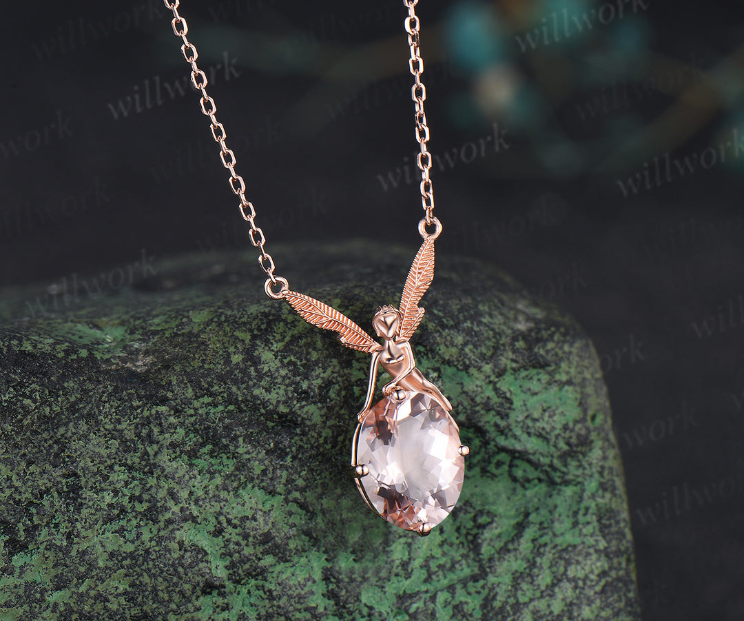 Elf 2ct Oval morganite  Pendant Winged Fairy Angel Gemstone Drop Necklace 14k Rose Gold Chain Gift Women