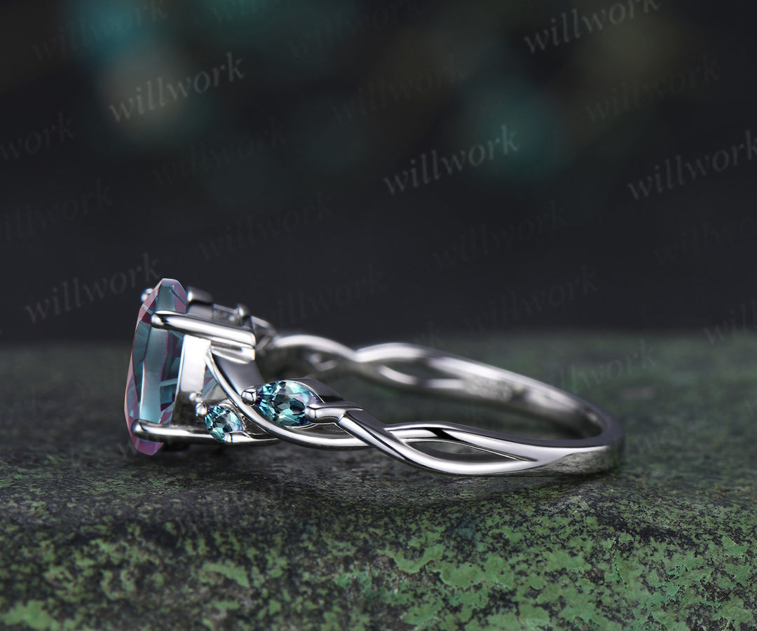 Oval Fireworks cut alexandrite engagement ring marquise infinity wedding ring unique five stone bridal ring