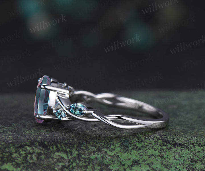Oval Fireworks cut alexandrite engagement ring marquise infinity wedding ring unique five stone bridal ring