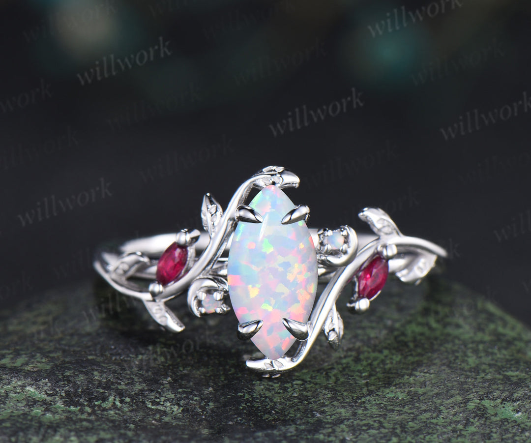 Marquise opal ring white gold leaf moon nature inspired engagement ring set vintage ruby ring women