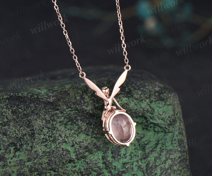 Elf 2ct Oval morganite  Pendant Winged Fairy Angel Gemstone Drop Necklace 14k Rose Gold Chain Gift Women