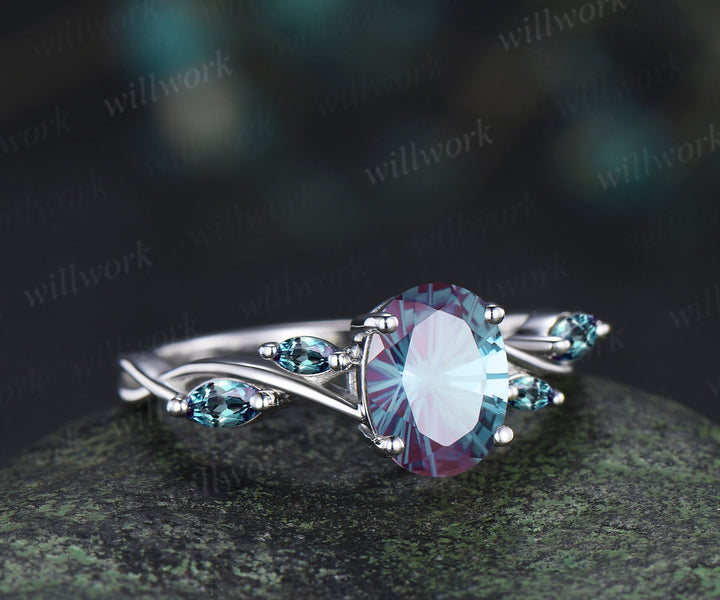 Oval Fireworks cut alexandrite engagement ring marquise infinity wedding ring unique five stone bridal ring