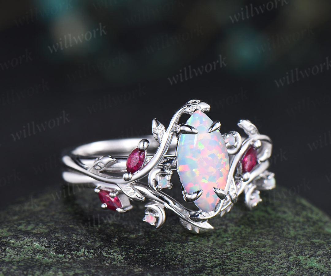 Marquise opal ring white gold leaf moon nature inspired engagement ring set vintage ruby ring women