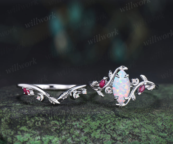 Marquise opal ring white gold leaf moon nature inspired engagement ring set vintage ruby ring women