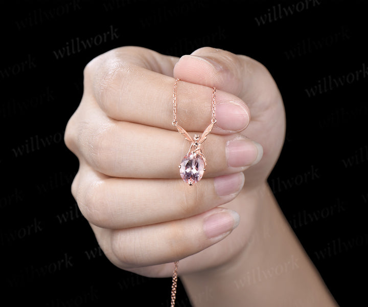 Elf 2ct Oval morganite  Pendant Winged Fairy Angel Gemstone Drop Necklace 14k Rose Gold Chain Gift Women