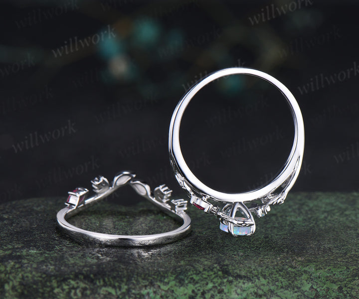 Marquise opal ring white gold leaf moon nature inspired engagement ring set vintage ruby ring women