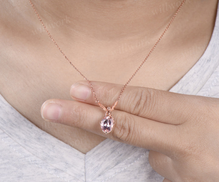 Elf 2ct Oval morganite  Pendant Winged Fairy Angel Gemstone Drop Necklace 14k Rose Gold Chain Gift Women