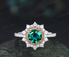 1ct round cut emerald ring double halo citrine snowdrift unique Engagement Ring 18k white gold wedding ring women