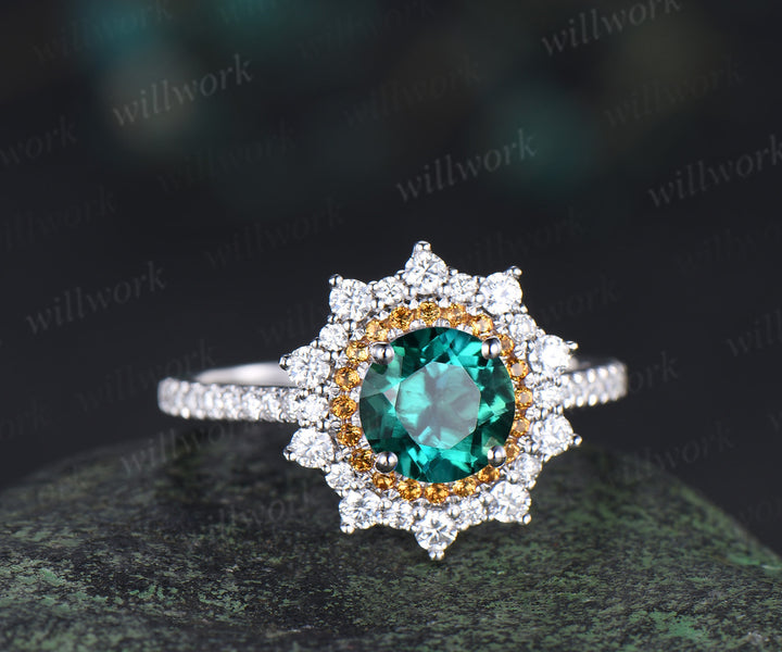 1ct round cut emerald ring double halo citrine snowdrift unique Engagement Ring 18k white gold wedding ring women