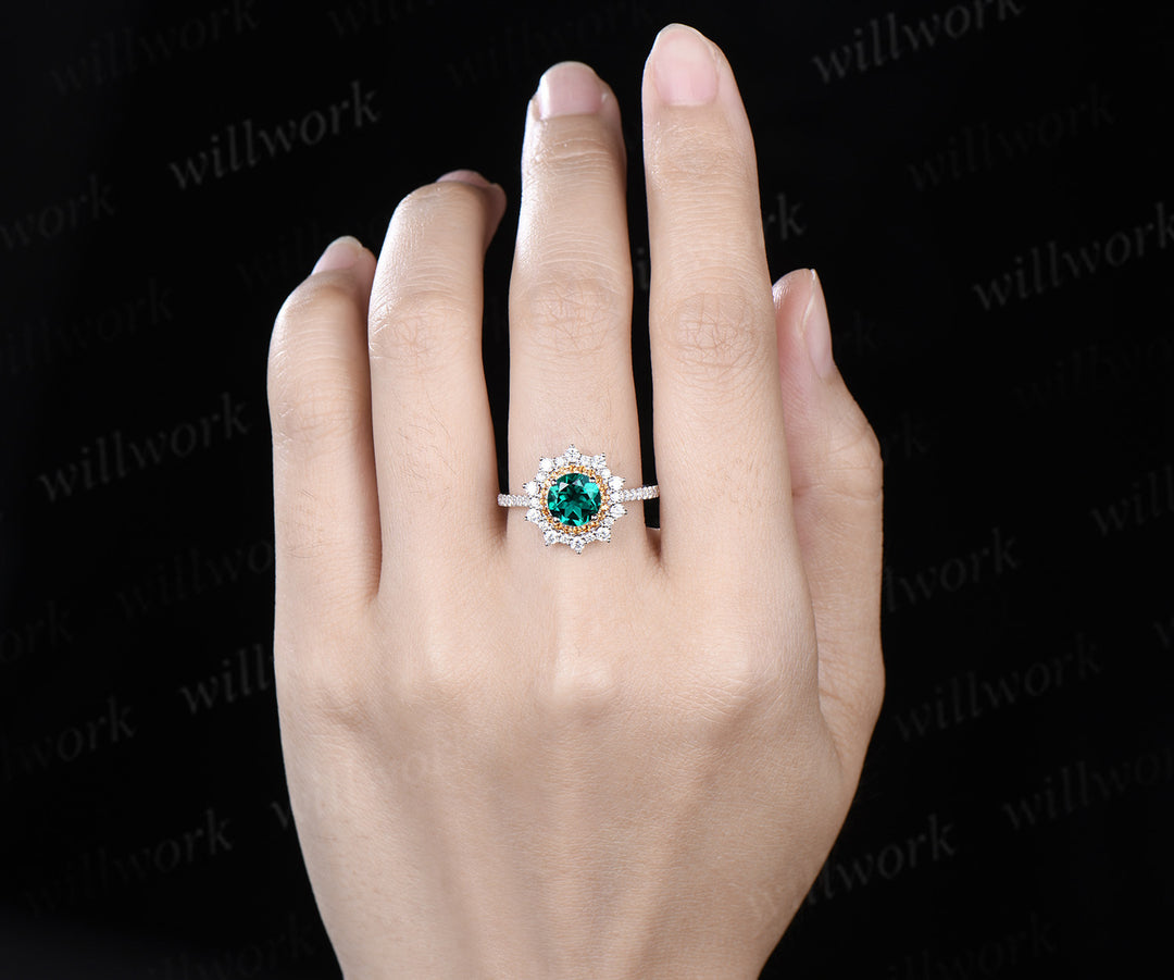 1ct round cut emerald ring double halo citrine snowdrift unique Engagement Ring 18k white gold wedding ring women