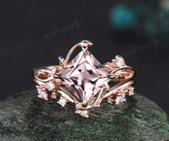 Princess cut morganite ring vintage rose gold diamond twig leaf unique engagement ring set three stone anniversary ring women gift