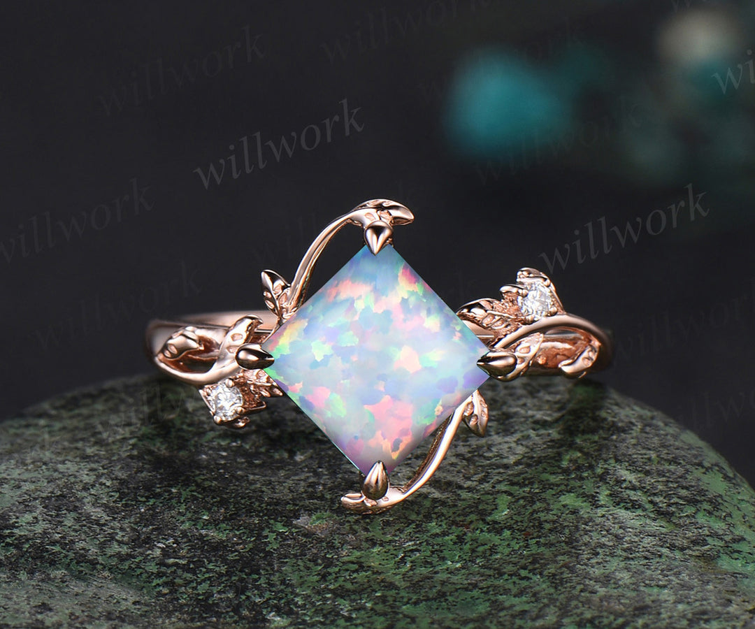 Square white opal ring vintage rose gold diamond twig leaf unique engagement ring set three stone anniversary ring women gift