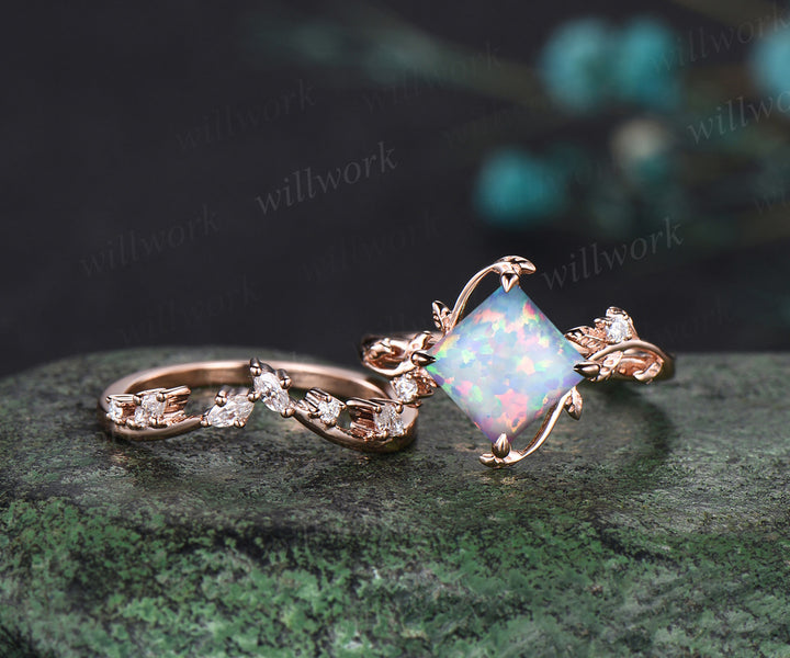 Square white opal ring vintage rose gold diamond twig leaf unique engagement ring set three stone anniversary ring women gift