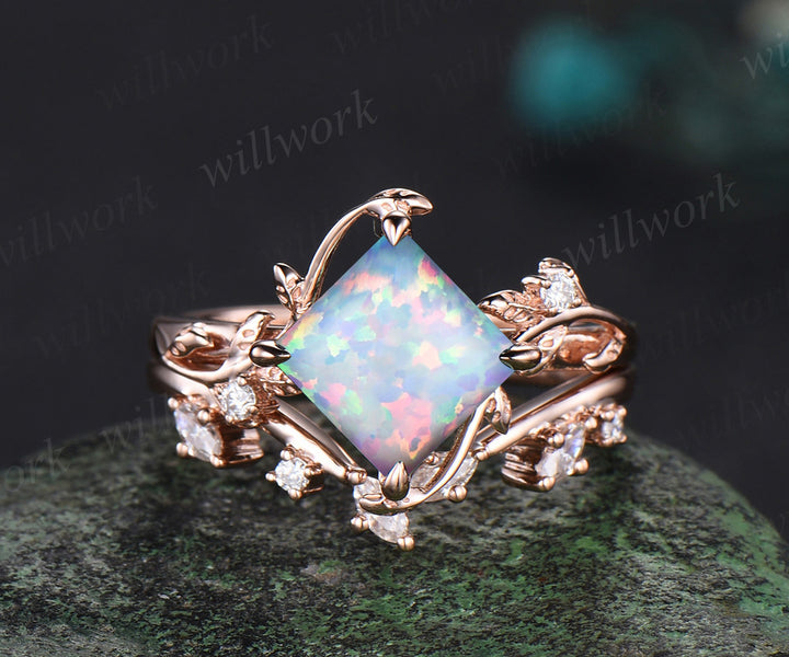 Square white opal ring vintage rose gold diamond twig leaf unique engagement ring set three stone anniversary ring women gift