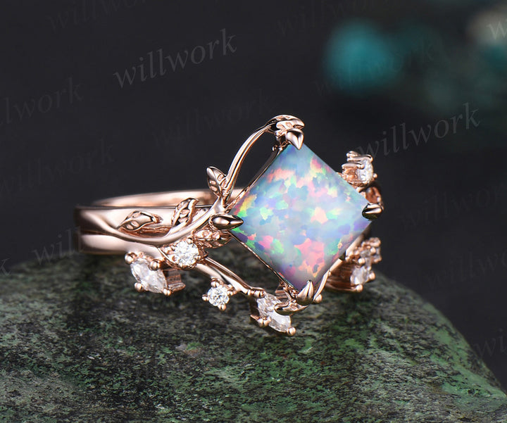 Square white opal ring vintage rose gold diamond twig leaf unique engagement ring set three stone anniversary ring women gift