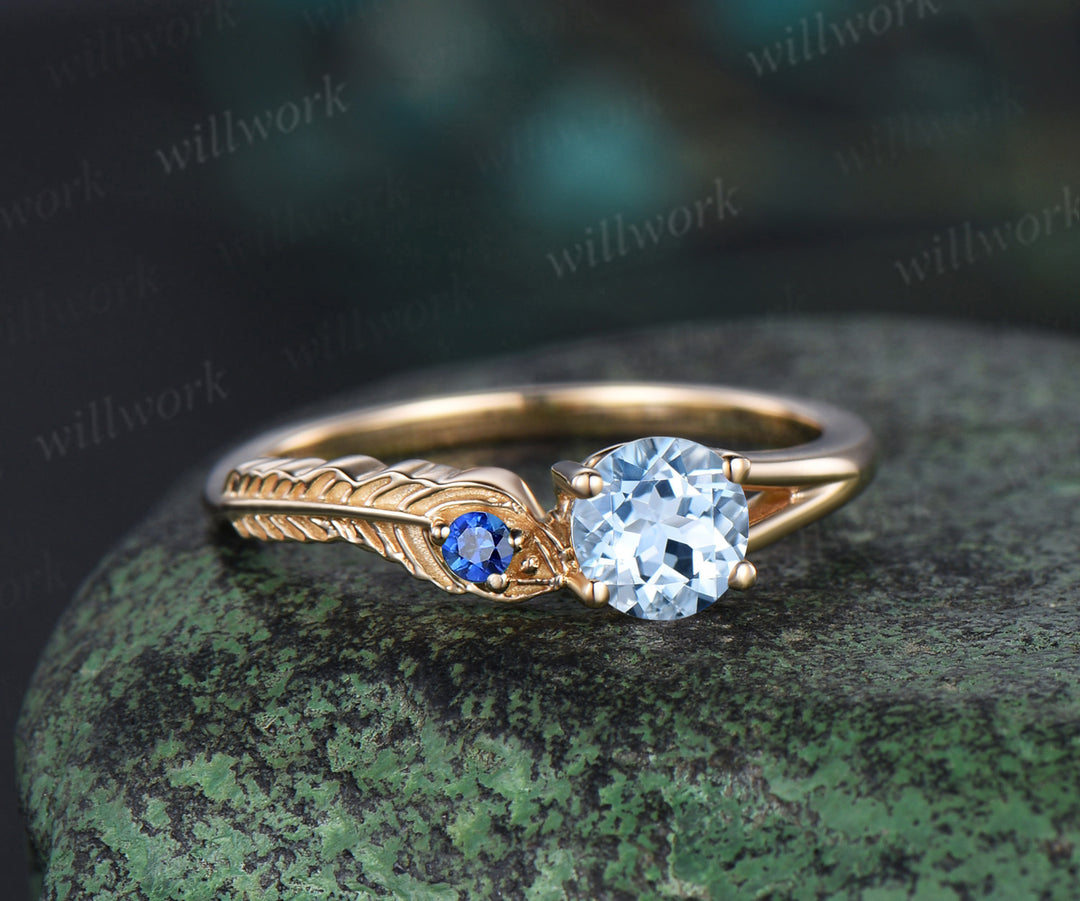 Vintage round cut aquamarine Engagement Ring solid 14k yellow gold Peacock Feather two stone sapphire wedding promise ring women gift