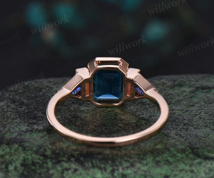 Bezel emerald cut London blue topaz engagement ring rose gold five stone Baguette opal ring Trilliant sapphire ring retro unique anniversary gift