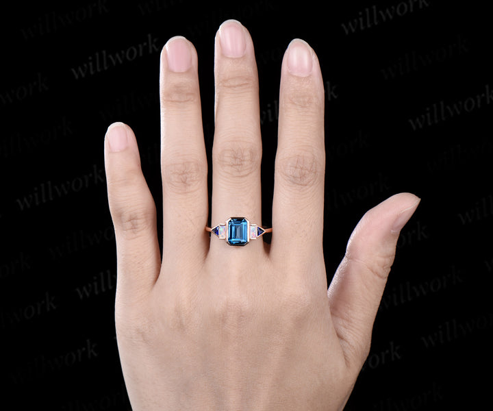 Bezel emerald cut London blue topaz engagement ring rose gold five stone Baguette opal ring Trilliant sapphire ring retro unique anniversary gift