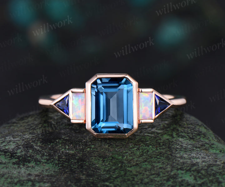 Bezel emerald cut London blue topaz engagement ring rose gold five stone Baguette opal ring Trilliant sapphire ring retro unique anniversary gift