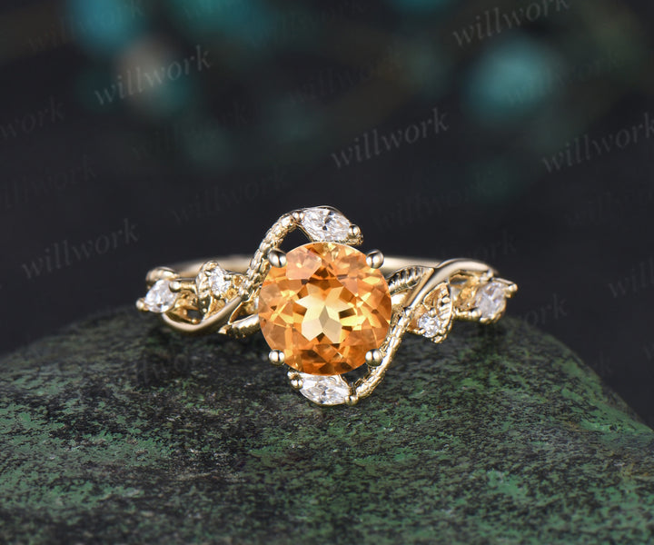 Round cut citrine ring vintage yellow gold leaf Snake unique engagement ring twisted diamond bridal wedding ring women