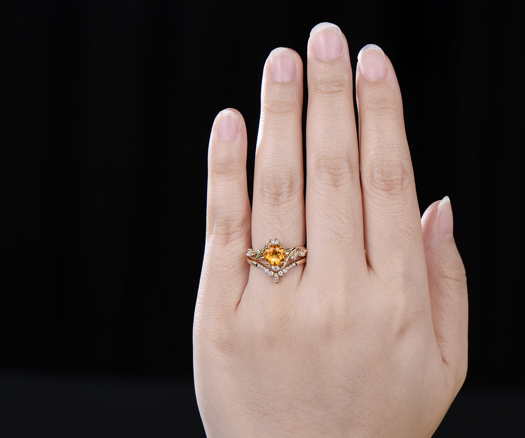 Round cut citrine ring vintage yellow gold leaf Snake unique engagement ring twisted diamond bridal wedding ring women