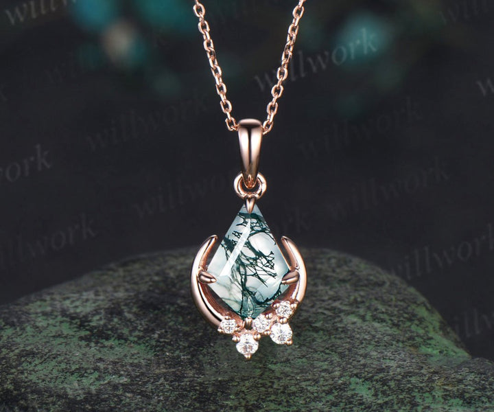 Vintage kite cut moss agate necklace rose gold cluster moon snowdrift diamond pendant women July birthstone anniversary gift