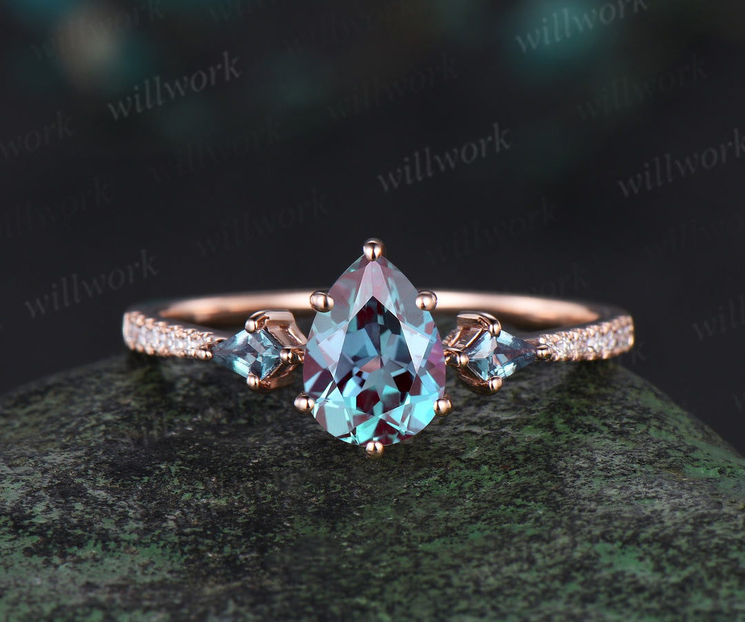 Pear cut alexandrite engagement ring set vintage kite alexandrite half eternity diamond stacking bridal anniversary gift