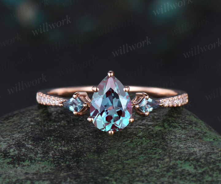 Pear cut alexandrite engagement ring set vintage kite alexandrite half eternity diamond stacking bridal anniversary gift