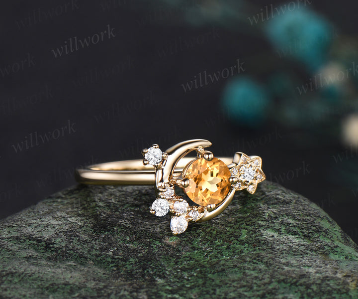 Round cut citrine ring yellow gold vintage star moon cluster engagement ring women Crystal gemstone gift