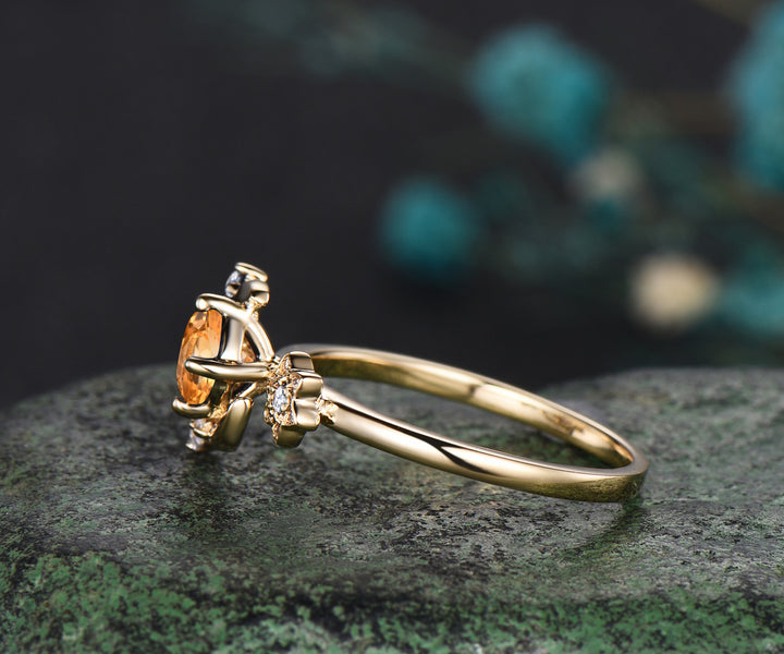 Round cut citrine ring yellow gold vintage star moon cluster engagement ring women Crystal gemstone gift