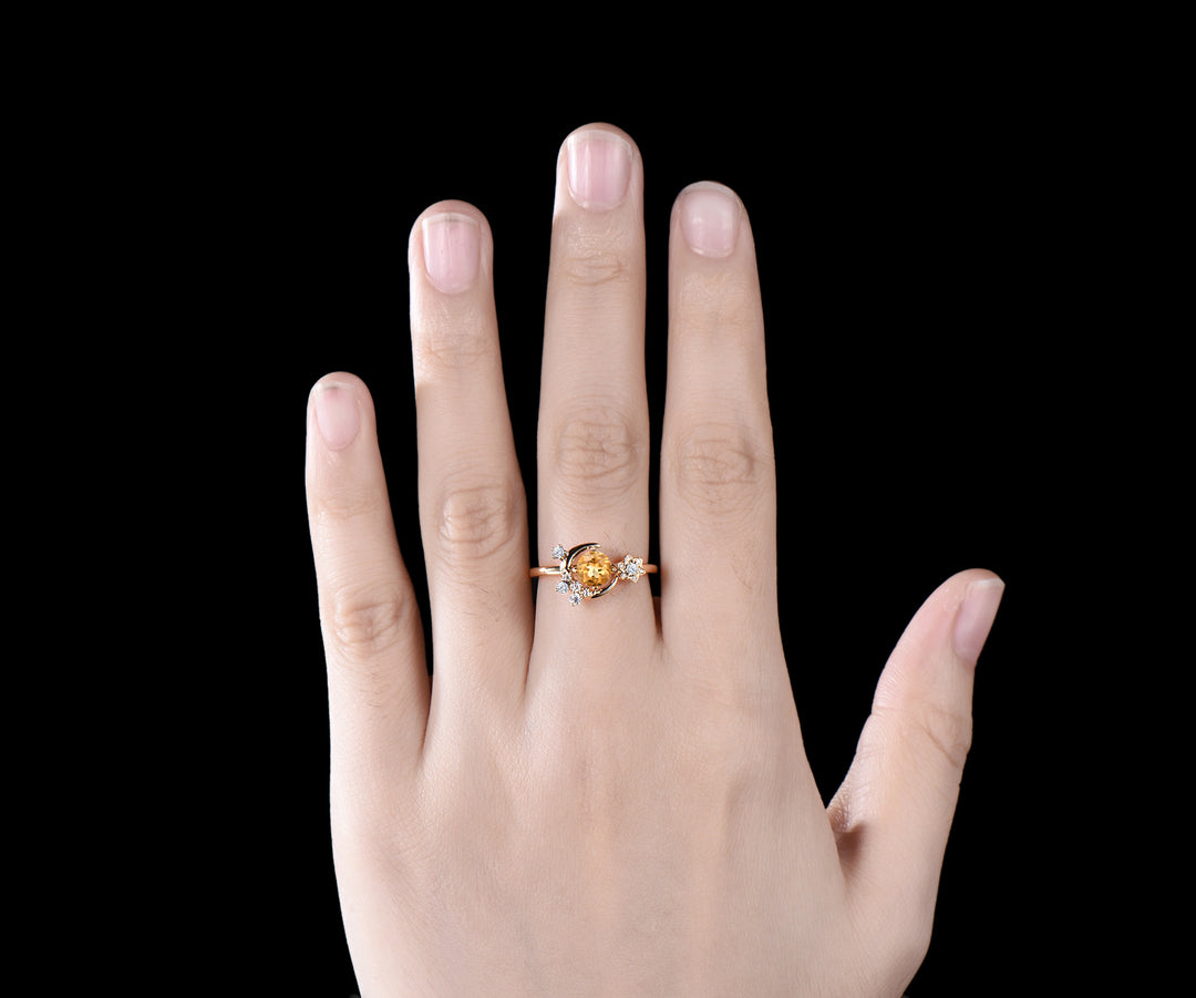 Round cut citrine ring yellow gold vintage star moon cluster engagement ring women Crystal gemstone gift