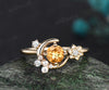 Round cut citrine ring yellow gold vintage star moon cluster engagement ring women Crystal gemstone gift