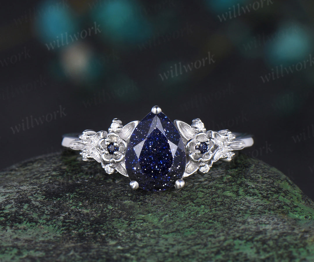 Pear cut blue sandstone engagement ring white gold leaf floral unique cluster diamond bridal wedding ring set women gift