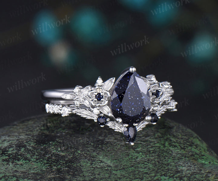 Pear cut blue sandstone engagement ring white gold leaf floral unique cluster diamond bridal wedding ring set women gift