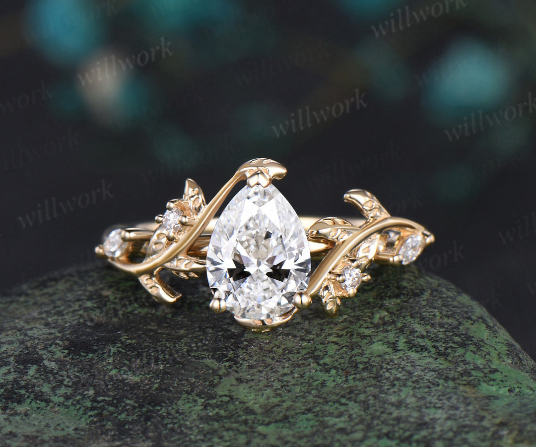 Vintage pear Lab grown diamond engagement ring solid 14k yellow gold leaf branch five stone nature inspired promise bridal ring set women