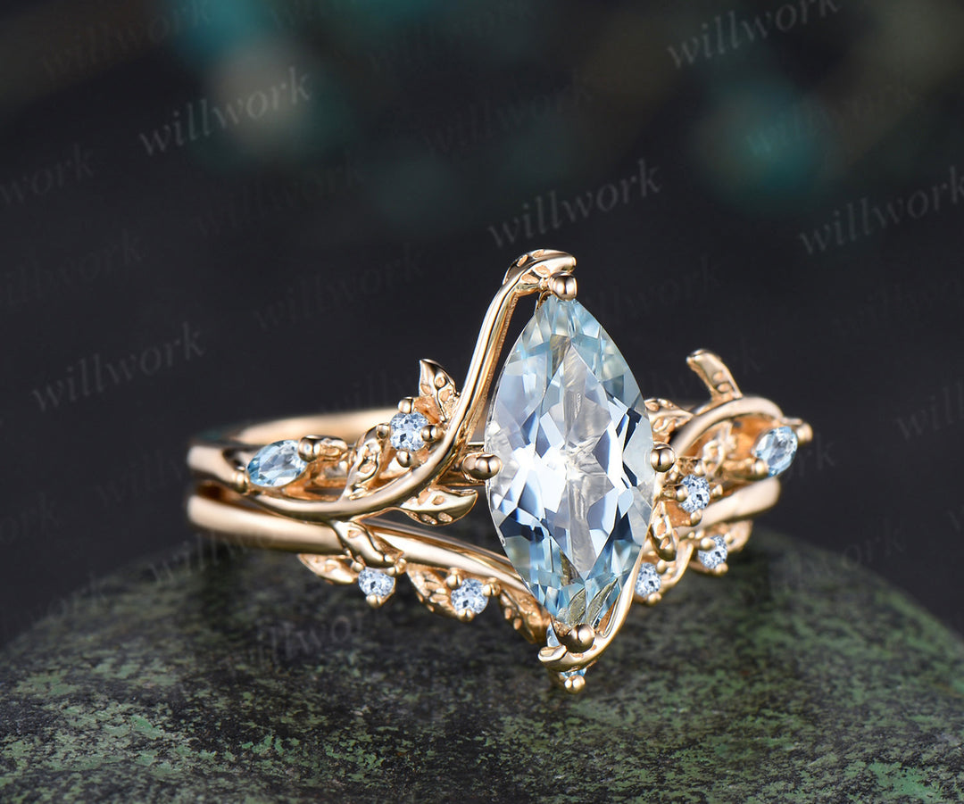 Marquise cut natural aquamarine engagement ring set leaf nature inspired 14k yellow gold ring art deco bridal set women