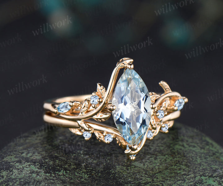 Marquise cut natural aquamarine engagement ring set leaf nature inspired 14k yellow gold ring art deco bridal set women